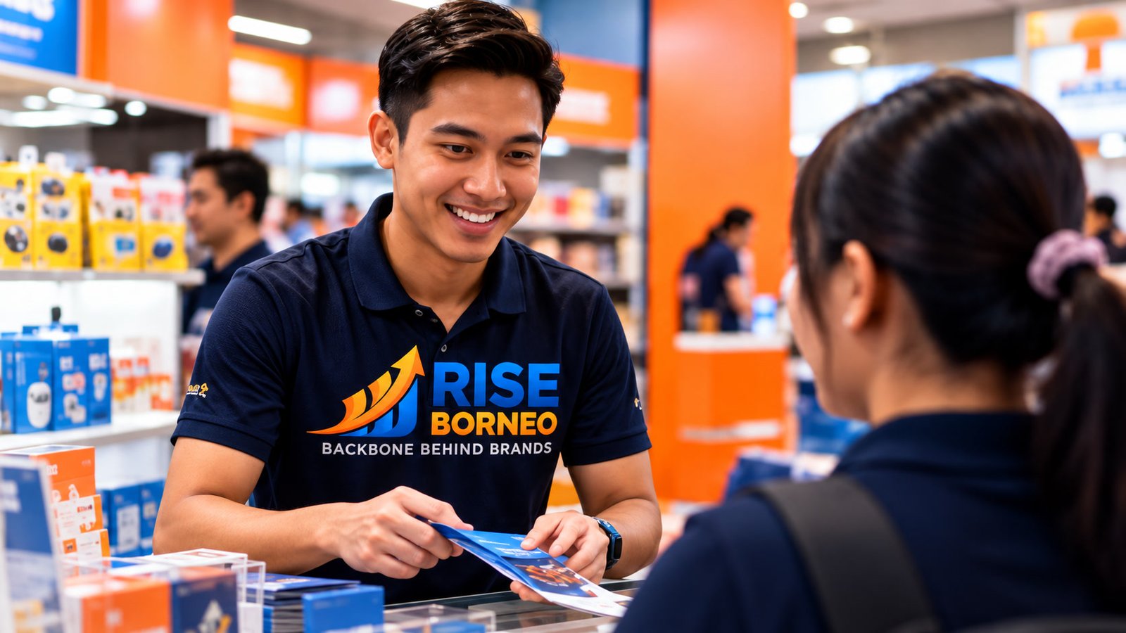 Illustrative RISE BORNEO representative discussing a brochure with a customer
