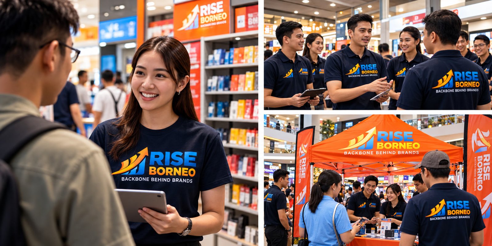 Illustrative RISE BORNEO customer engagement, field team briefing and roadshow collage