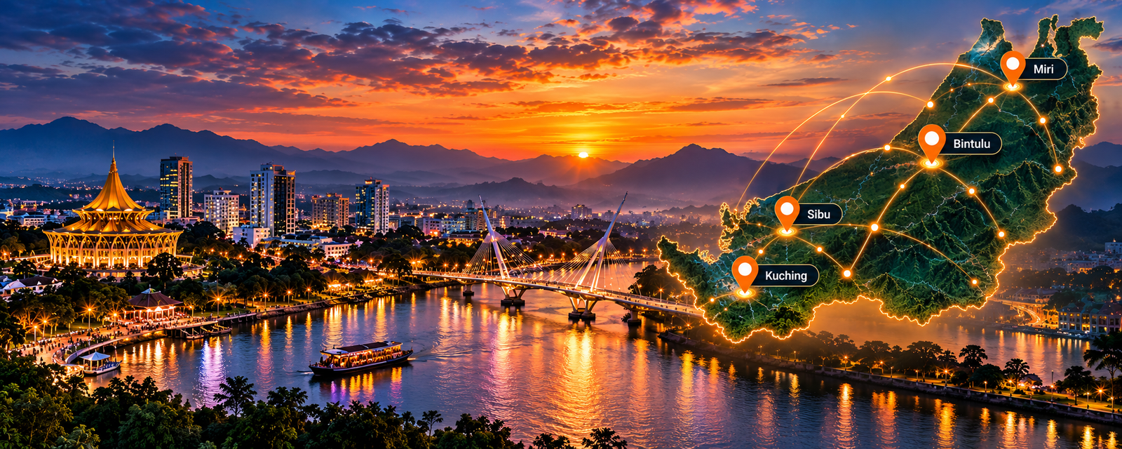 Kuching Sunset with Sarawak Coverage Map