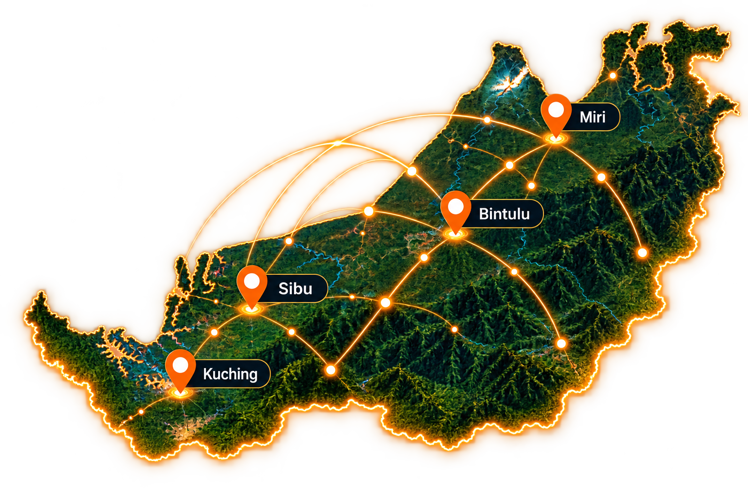 Sarawak Neon Network Map showing Kuching, Sibu, Bintulu and Miri