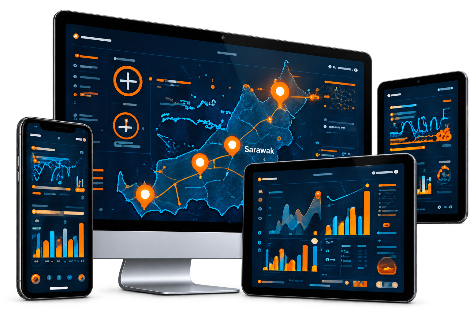 Conceptual market intelligence dashboards on a desktop, tablet and phone